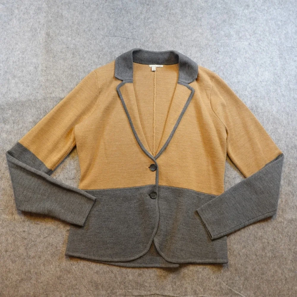 Halogen Blazer Women Large Tan Gray Colorblock Merino Wool Knit Unstructured